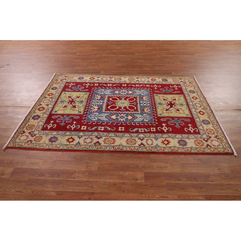 Traditional Kazak Oriental Area Rug Handmade Geometric Red Wool Carpet - 4'3" x 6'4"