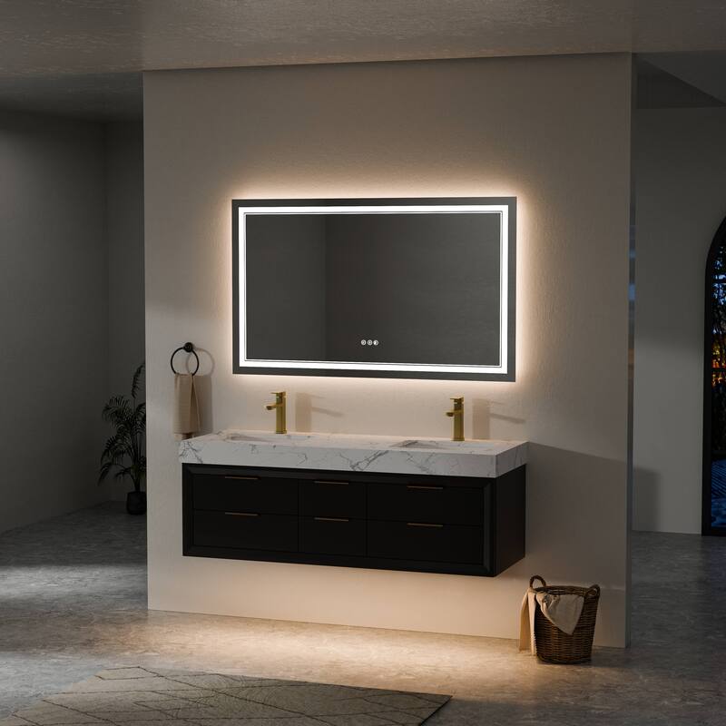 Modland 60" Modern Floating Bathroom Vanity with Double Sink, Soft-Close Drawers, White Stone Countertop