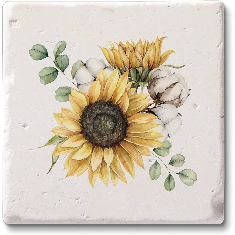CounterArt Sunflowers 4 Pack Natural Shell Stone Absorbent Coasters with Protective Cork Backing Manufactured in The USA - Multi