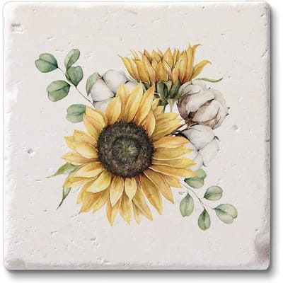 CounterArt Sunflowers 4 Pack Natural Shell Stone Absorbent Coasters with Protective Cork Backing Manufactured in The USA