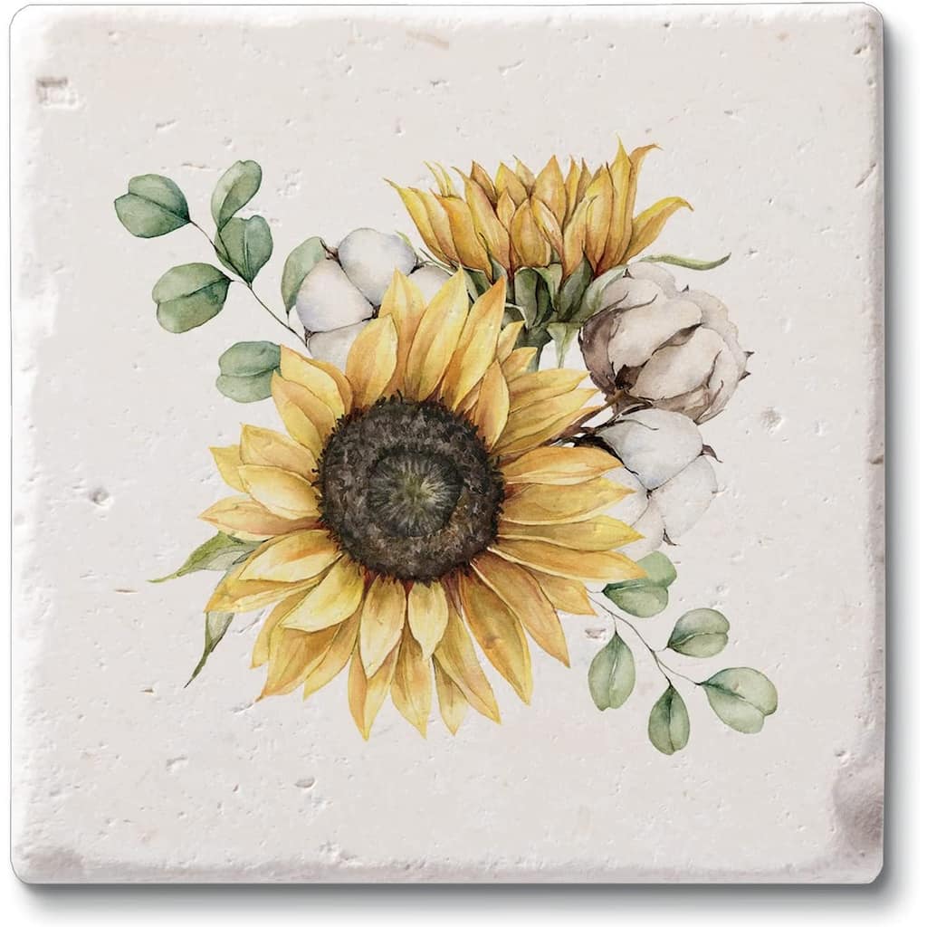 CounterArt Sunflowers 4 Pack Natural Shell Stone Absorbent Coasters with Protective Cork Backing Manufactured in The USA