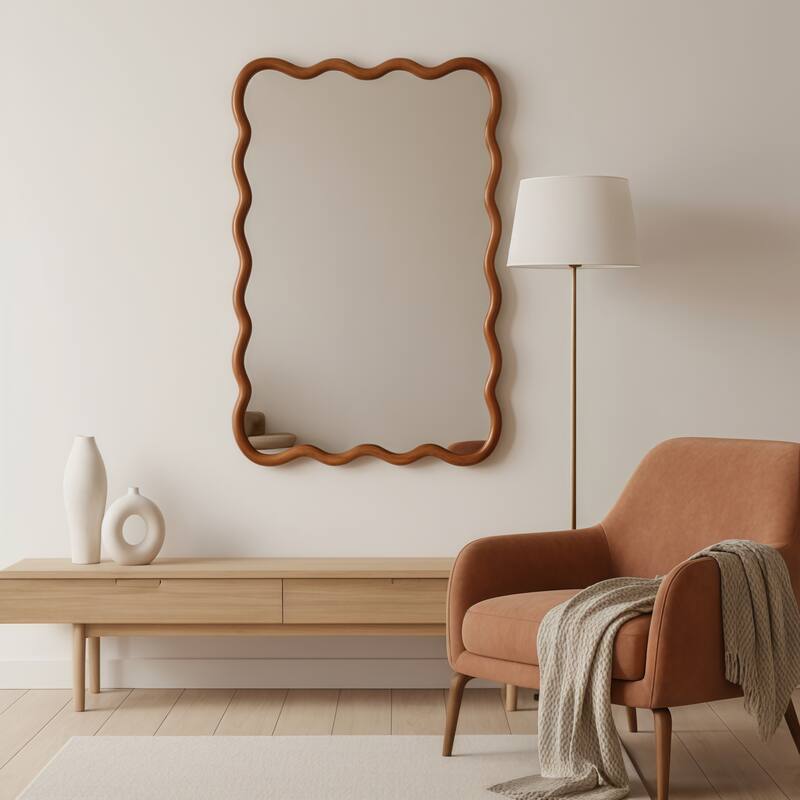 Wavy Rectangle Solid Wood Frame Decorative Mirror - Antique Brown