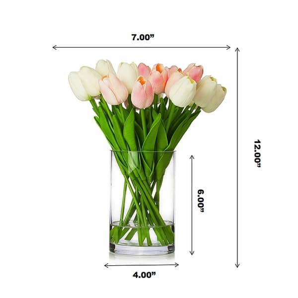 dimension image slide 6 of 7, Enova Home 20 Pieces Artificial Real Touch Tulips Fake Silk Flowers Arrangement in Glass Vase with Faux Water for Home Decor
