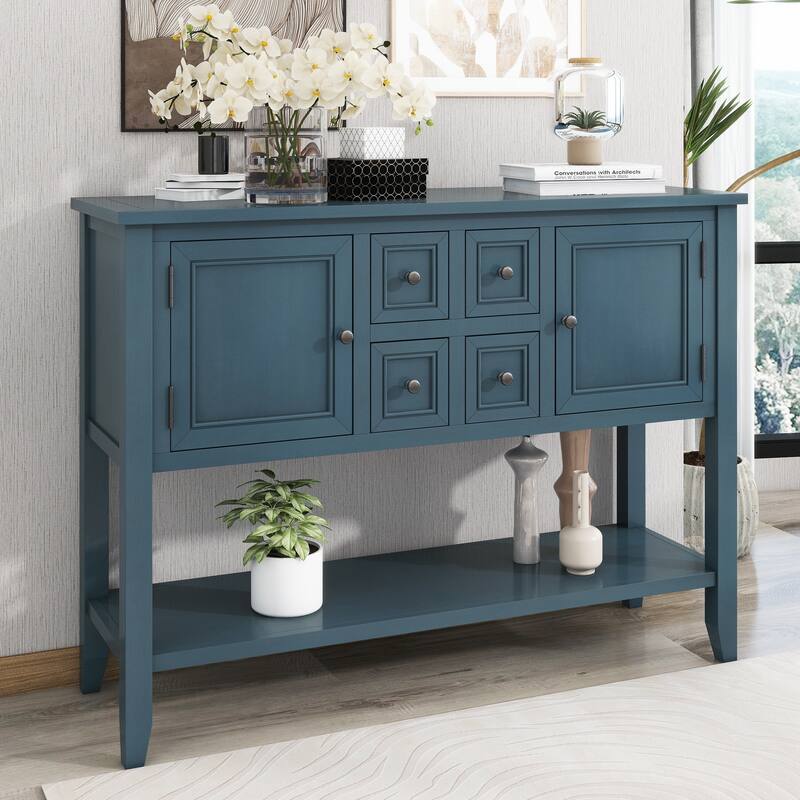 Ample Storage Vintage Console Table with Four Small Drawers and Bottom Shelf for Living Rooms, Entrances and Kitchens
