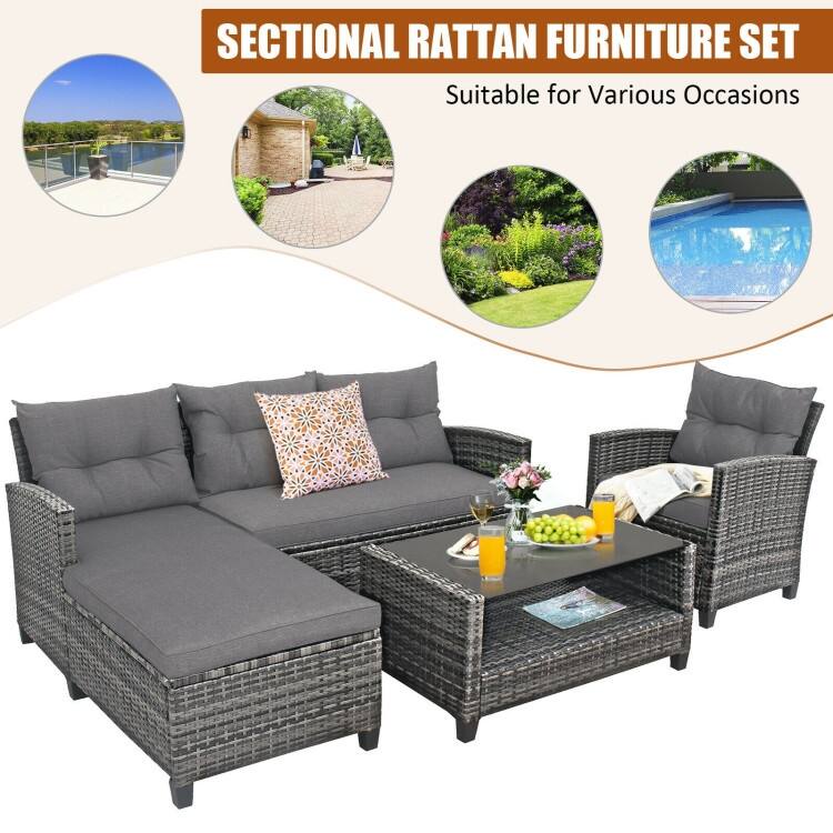 4 Pieces Patio Rattan Furniture Set with Cushion and Table Shelf - 27.5" x 47" x 30" (L x W x H)