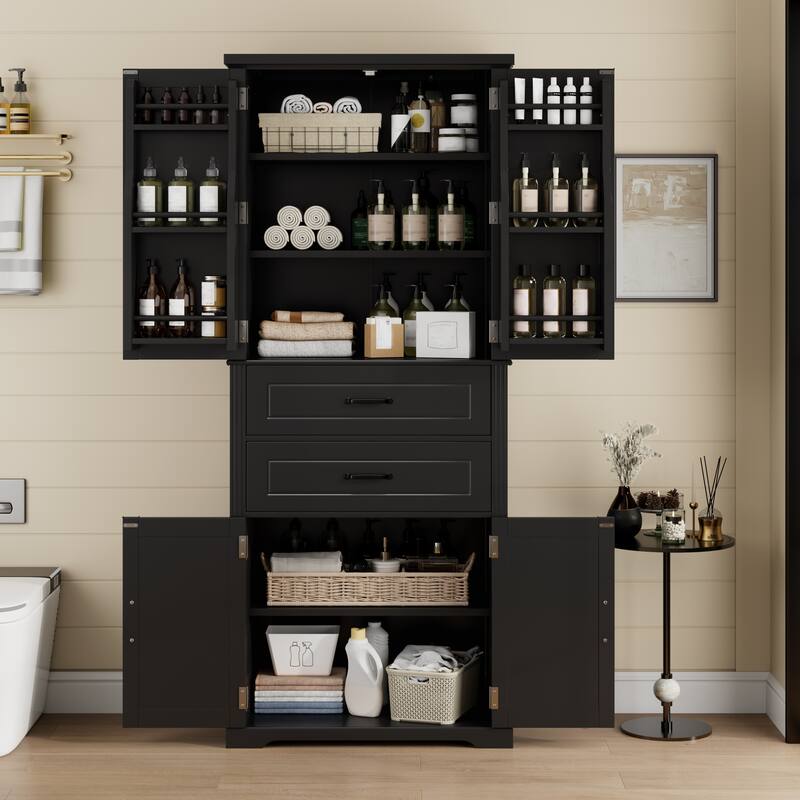 Multi-Functional Storage Cabinet - 2 Slide-Out Drawers, Adjustable Shelf, Kitchen/Bathroom/Living Room - Black
