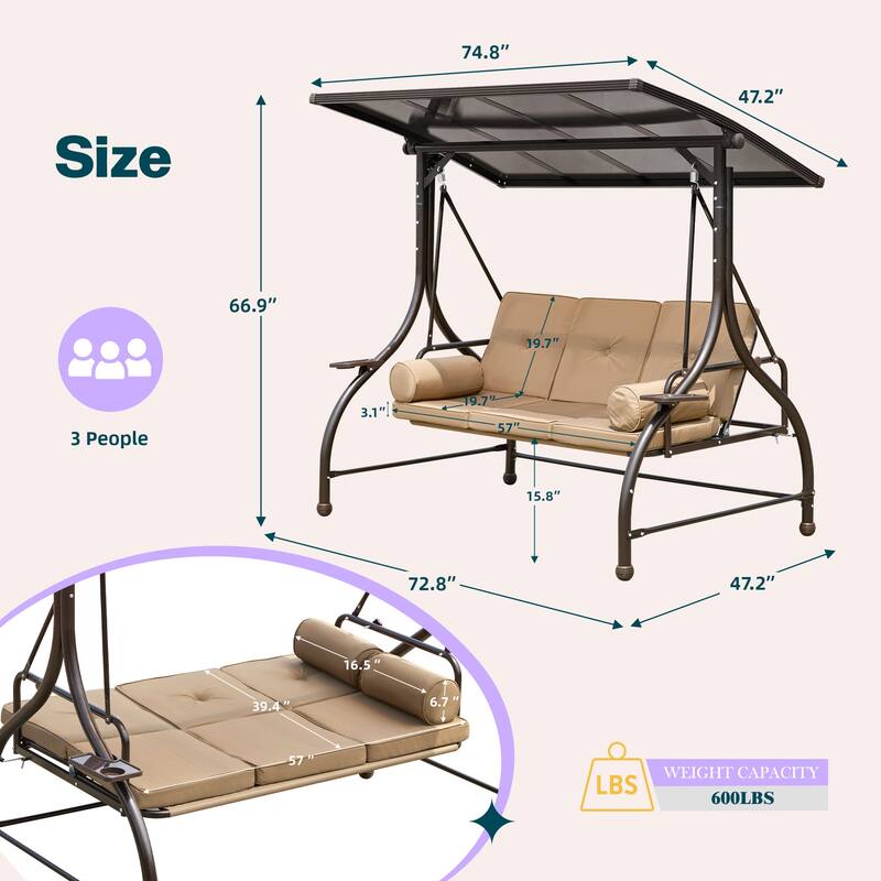 Outdoor 3-Seat Porch Swing with Adjustable Canopy & Cup Holder,Porch Swing Glider Chair, Heavy-Duty Steel Frame
