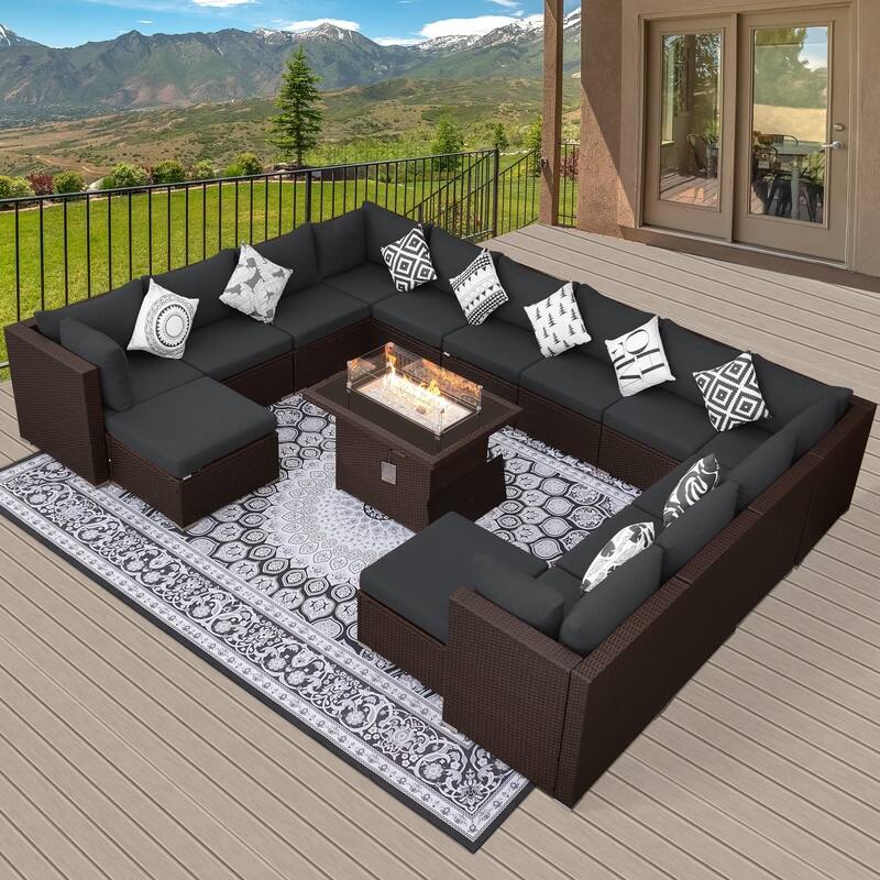 15-Piece Outdoor Wicker Modular Sectional with 43" CSA Fire Pit Table - Dark Gary