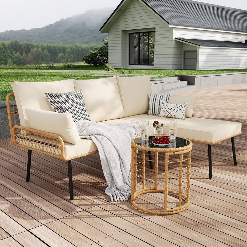 3 Piece Rattan Patio Furniture Set - Beige