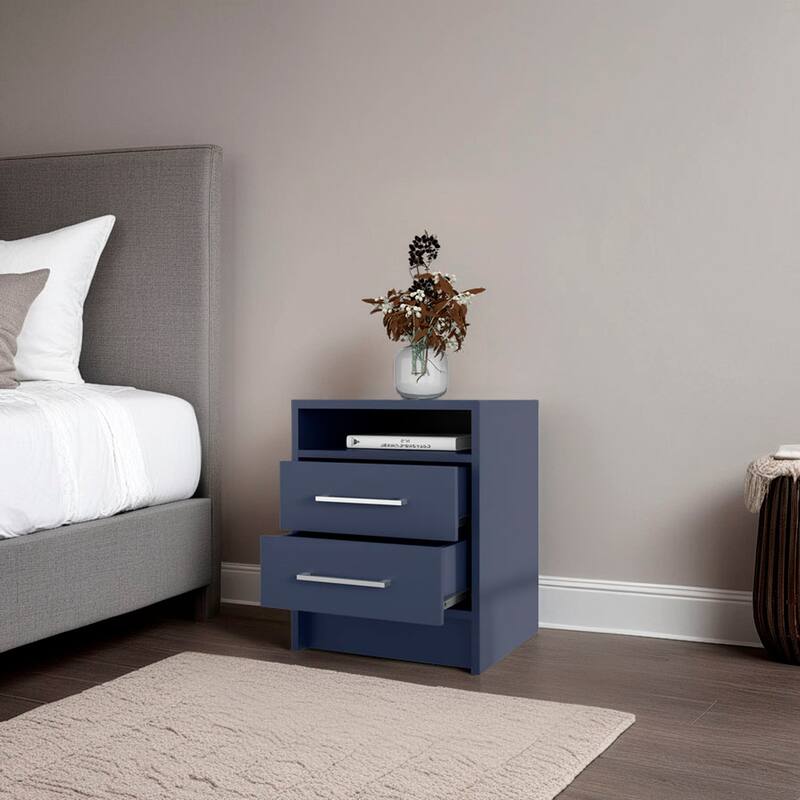 Modern 2-Drawer Floating Nightstand with Open Shelf in Navy Blue