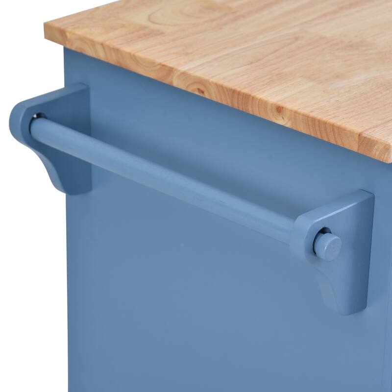 Kitchen Island with on Locking Wheels, Rolling Cart with Rubber Wood Desktop, Mobile Island with 3 Open Shelves & 5 Drawers
