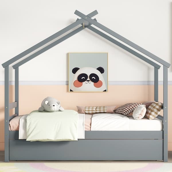 slide 2 of 11, Twin Size House Bed Frame for Kids with Trundle, No Box Spring Needed Grey
