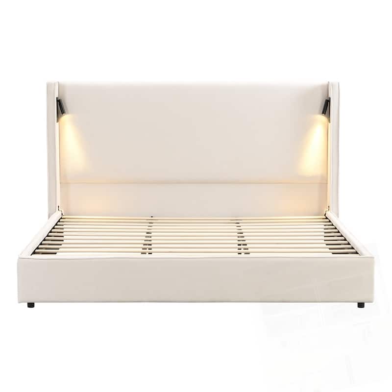 Upholstered Bed Frame with High Wingback Headboard Reading Lamp and USB port