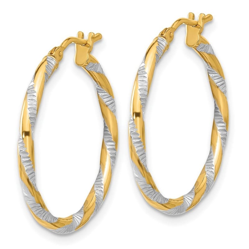 Curata 14k Yellow Gold White Rhodium Polished Diamond cut Hoop Earrings - 23.8x23.7mm
