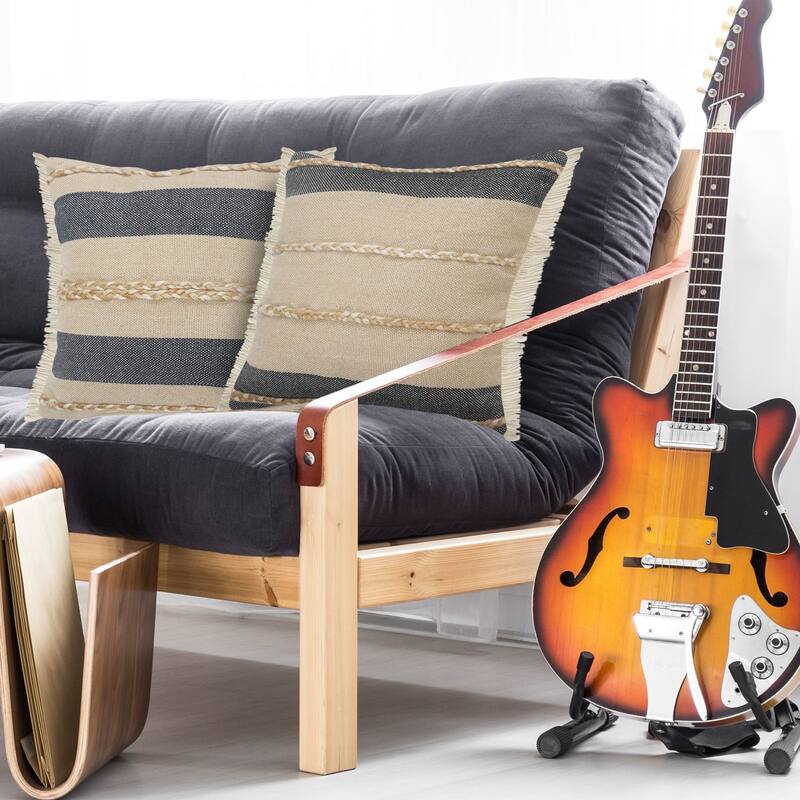 24" Black and Taupe Striped Square Throw Pillow with Jute Braiding