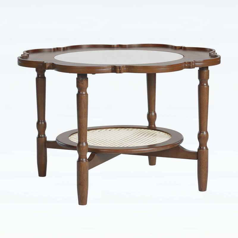 Mid-Century Style Coffee Table with Petal Shape and White Crackle Pattern Glass,2-Tiered Storage