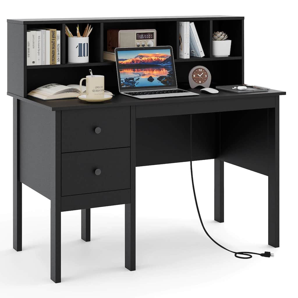 Costway 48" Computer Desk with Power Outlets Type-C 5-Cubby Hutch & 2