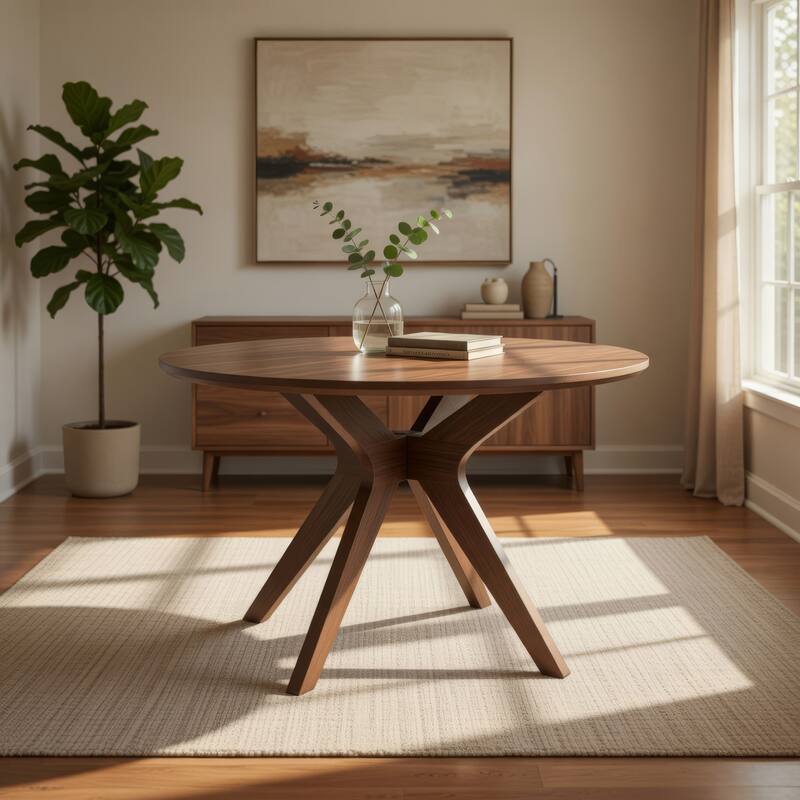 Jeyn Round Dining Table, Modern Curved Base, 45 Inch Brown Mango Wood