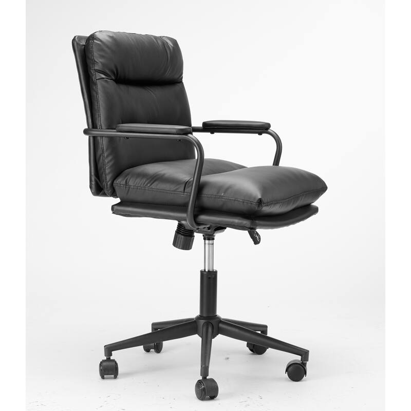 Black Mid Back Leather Office Chair with Arms and Wheels for Home Office