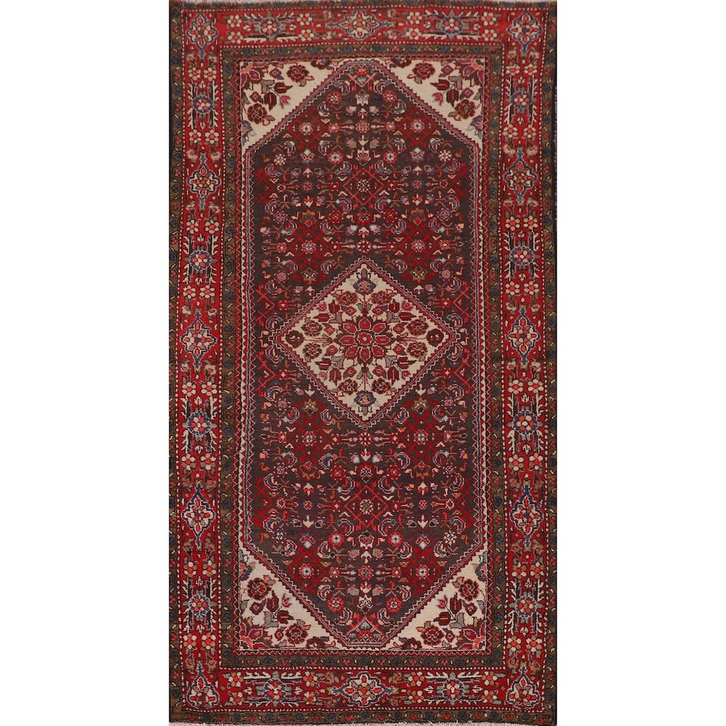 Hamedan Persian Vintage Rug Hand-Knotted Geometric Wool Carpet - 5'1"x 10'3"