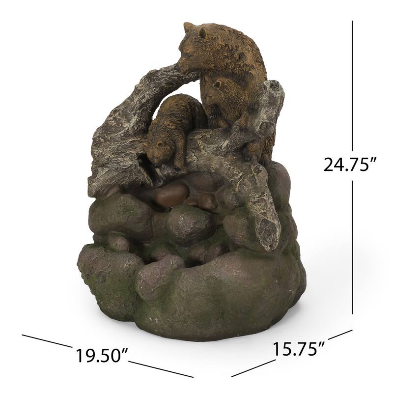 Roomfitters Callan 25-Inch Bear Family Tiered Water Fountain with LED Lights, Weather-Resistant Faux Stone, Brown