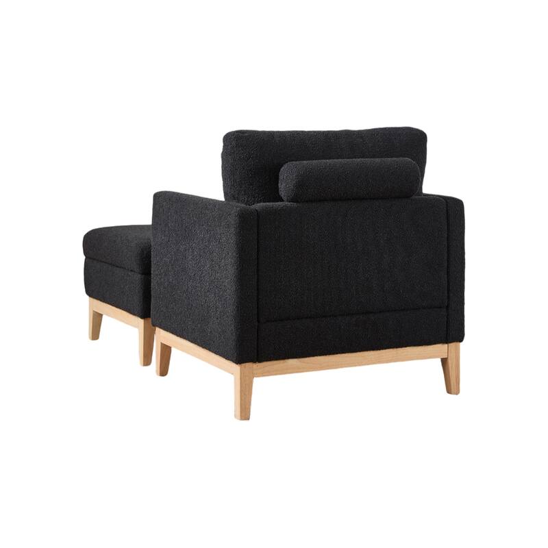35" Farmhouse Style Boucle Single Sofa Accent Chair with Storage Footstool, Natural Wood Legs for Living Room, Office