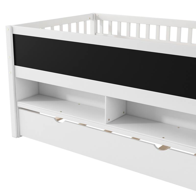 Twin Size Solid Platform Bed With Trundle And Blackboard - 2 Storage Shelves, No Box Spring Needed