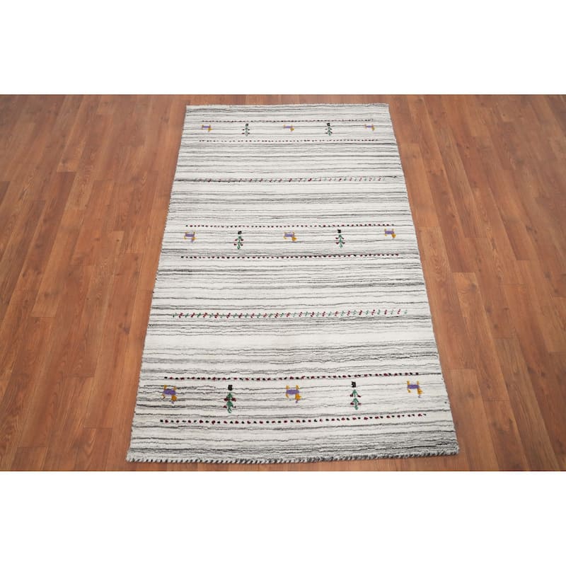Hand Knotted Oriental 100% Wool Carpet Tribal Animal Pictorial Beige & Ivories Gabbeh Area Rug - 4' 11'' X 3' 0''