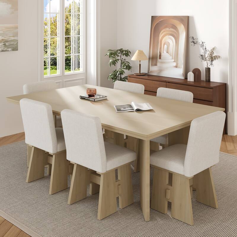 7-Piece Dining Table Set Kitchen Table Set with 6 Upholstered Dining Chairs, Table with 4 Flaky Legs, Tuck-Away Chairs - Natural