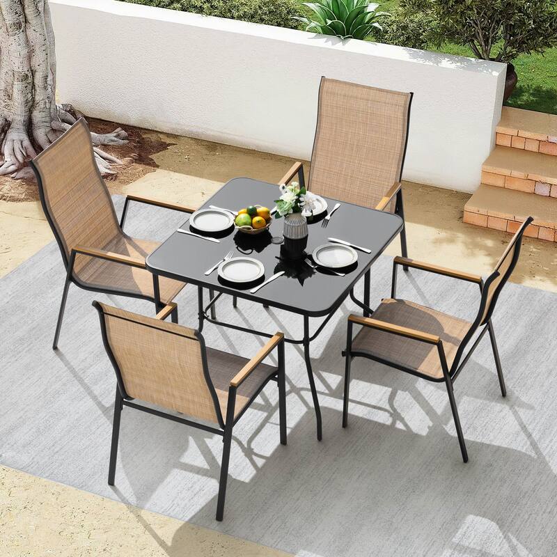 5-Piece Textilene Patio Dining Set with Umbrella Hole, Stackable Design - Tempered Glass Table