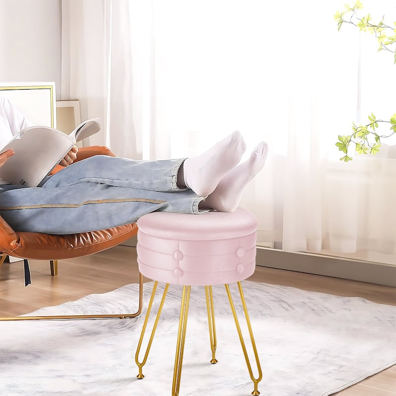 VECELO 18.5"H Multi-Functional Velvet Vanity Stool Tufted Small Vanity Chair with Metal Legs Convertible Storage End Table