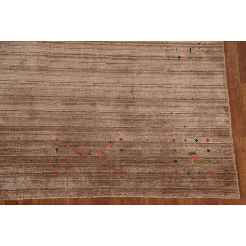 Striped Brown Gabbeh Oriental Area Rug Hand-Knotted Wool Carpet - 7'9" x 9'10"