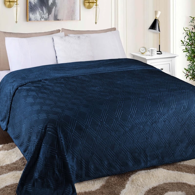 Superior Alaska Quilted Diamond Plush Fleece Blanket For Couch or Bed - Twin - Navy Blue