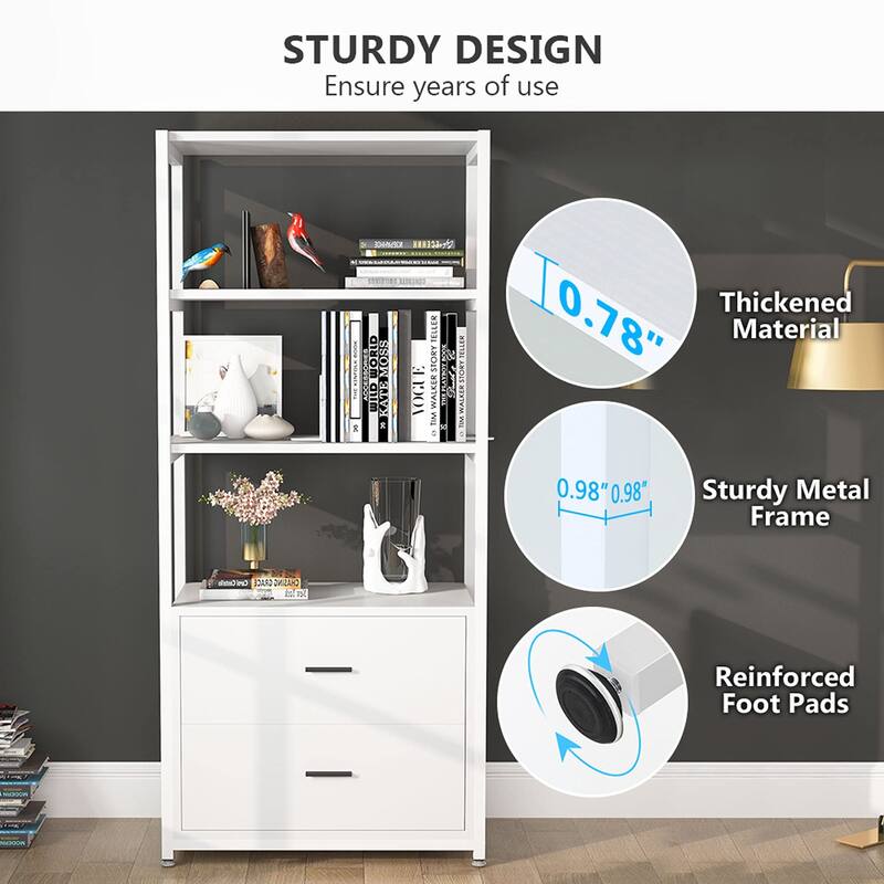 4-Tier Rustic Bookcases with 2 Drawers, Etagere Standard Book Shelves Display Shelf for Home Office