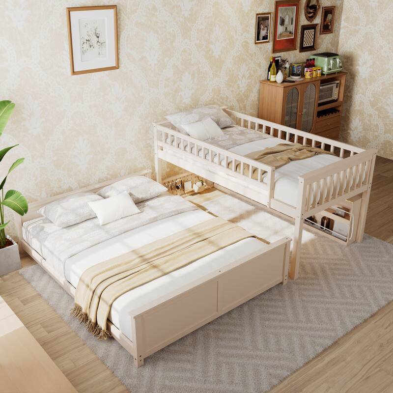 Kids Bunk Bed Frame with Integrated Shelving, Light Strip and Pegboard, Convertible into Floor Platform Bed and Low Loft Bed