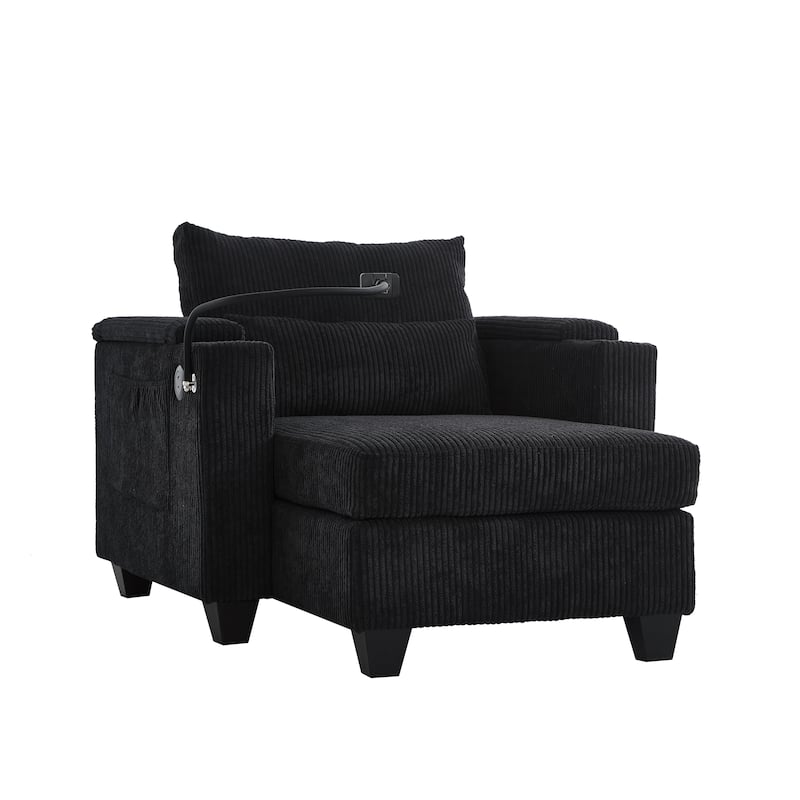 Convertible Chaise Lounge 37.4" Sofa Chair Sofa Bed Corduroy Sleeper Sofa with USB Ports, Two Cup Holders