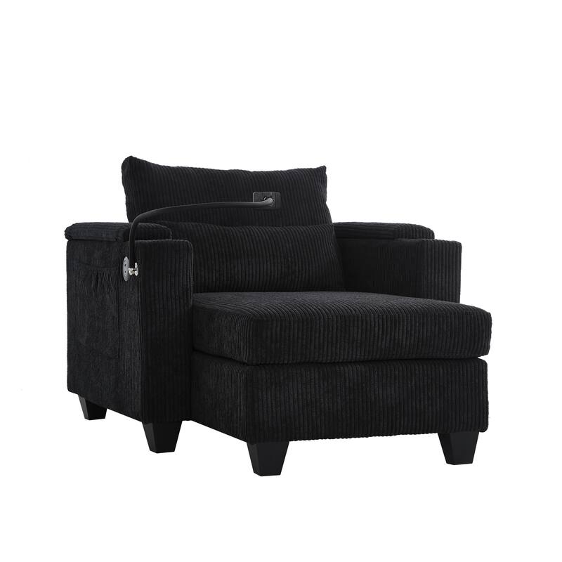 Convertible Chaise Lounge Sofa Chair with USB Ports, Storage 37.4" Corduroy Sleeper Sofa Bed with Adjustable Backrest