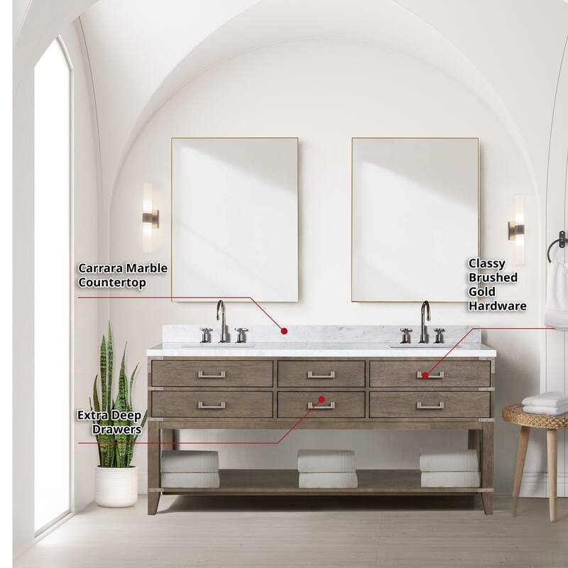 Lexora Norwalk Bath Vanity, Carrara Marble Top, Faucet Set, and Mirror