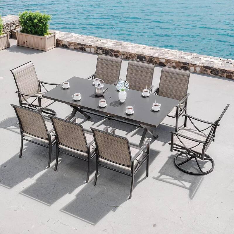 Kullavik Textilene Outdoor Dining Set, Patio Dining Set with Single Chairs, Swivel Chairs and Large Table - 2 Swivel Chairs+6 Single Chairs