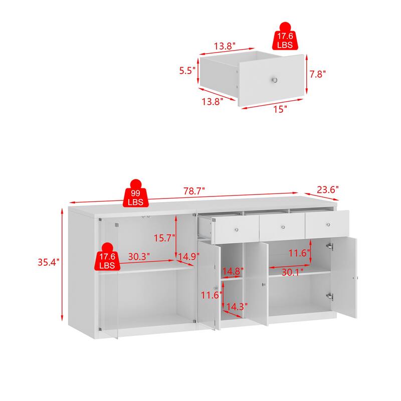 Modern Kitchen Island Buffet Cabinet with Storage Drawers and Tempered Glass Shelves, White Sideboard Cupboard