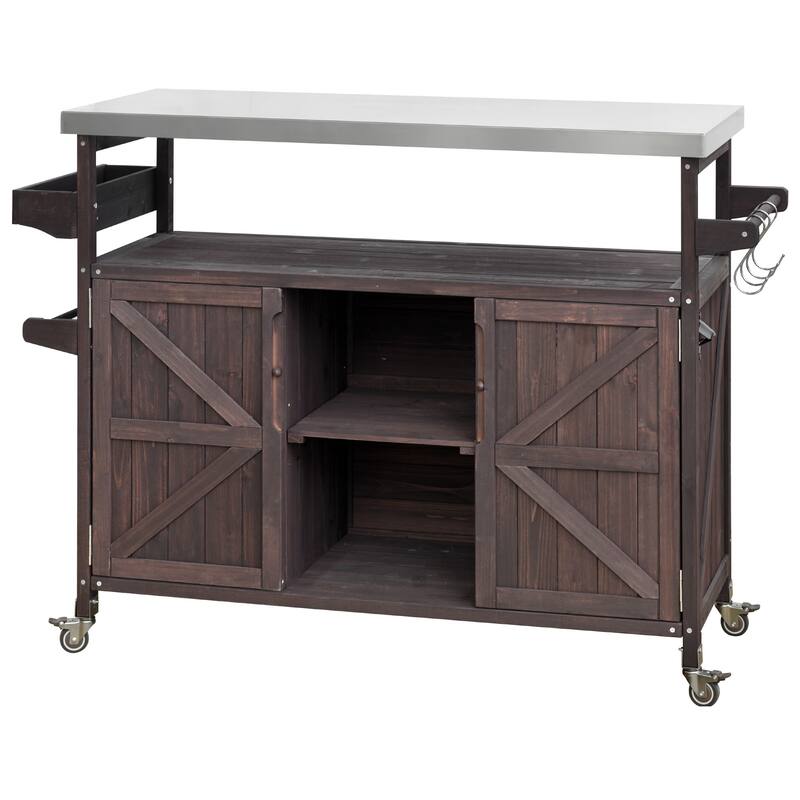Outdoor Kitchen Island, Rolling Bar Cart & Storage Cabinet, Solid Wood Outdoor Grill Table with Stainless Steel Top