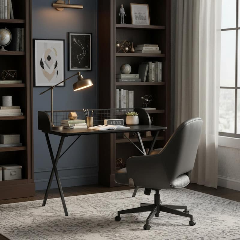 Homylin Modern Metal Frame Writing Desk with Raised Back Shelf, Black