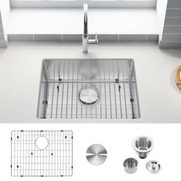 23 in Undermount Single Bowl Kitchen Sink with Bottom Grids Bed Bath