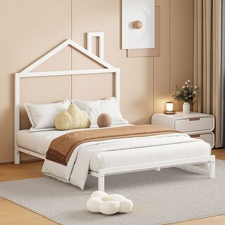 White Full Size Metal Platform Bed with House-Shaped Headboard Design for Kids, Boys and Girls