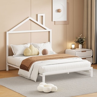 White Full Size Metal Platform Bed with House-Shaped Headboard for Kids