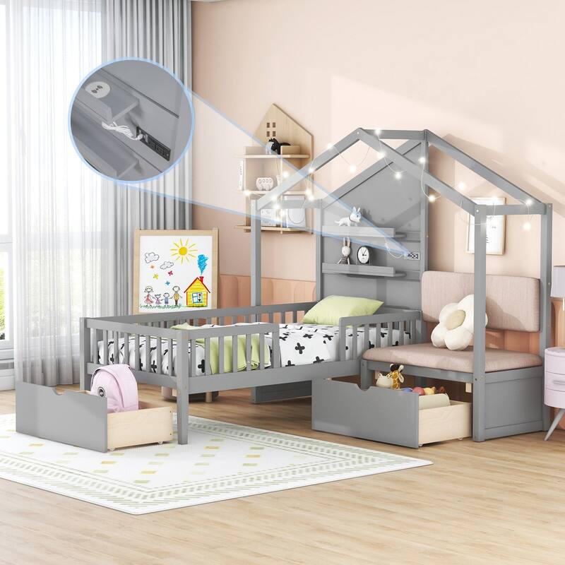 Twin Size House Bed with Upholstered Sofa,Charging Station,Wireless Charging,Shelves and 2 Drawers