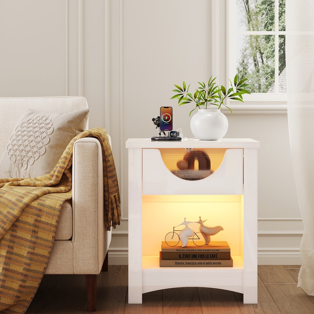Bestier Night Stand with Charging Station, LED Modern End Table Bedside Table with Drawer for Bedroom & Living Room