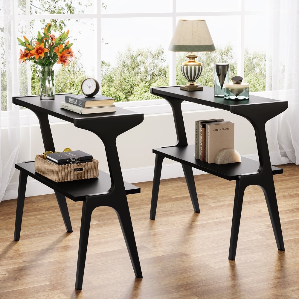 Narrow End Table for Living Room, 2-Tier Slim Sofa Side Table (Set of 2)