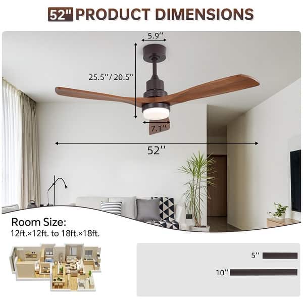 dimension image slide 14 of 29, Sofucor 42"/48"/ 52"/60"Noiseless Walnut Wood Ceiling Fan with Remote Control, Integrated Light Optional