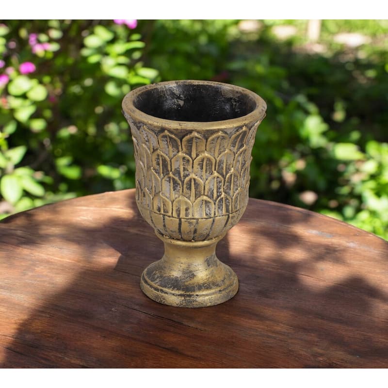 HomeRoots 7" Antiqued Brass Textural Tone On Tone Cement Indoor Outdoor Round Urn Planter - Antiqued Brass